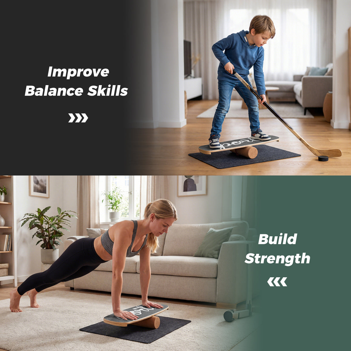 Collage showing benefits of the wooden balance board trainer for balance and strength