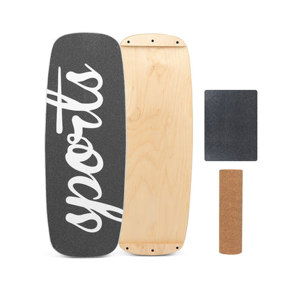 The balance board set with the black grip surface, plain wooden underside, cork roller and mat
