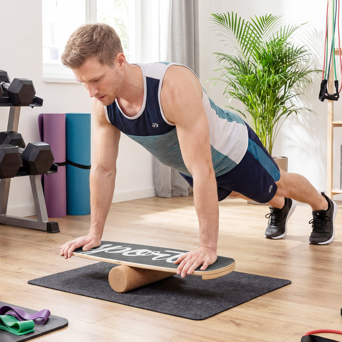 Man doing a plank exercise on the wooden balance board trainer in a home gym