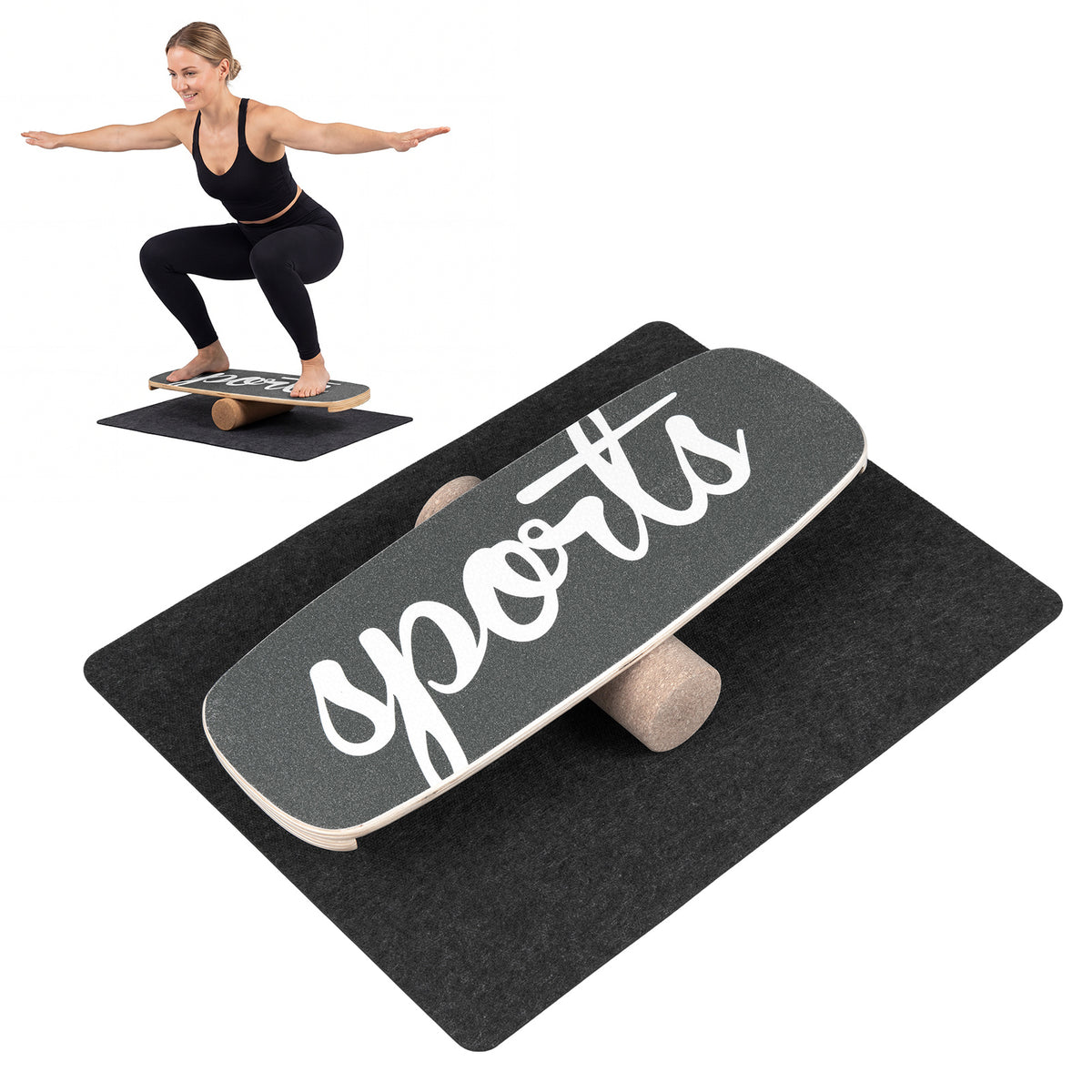 Wooden Balance Board Trainer with cork roller and felt mat, woman balancing on it
