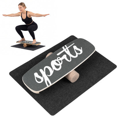 Wooden Balance Board Trainer with cork roller and felt mat, woman balancing on it