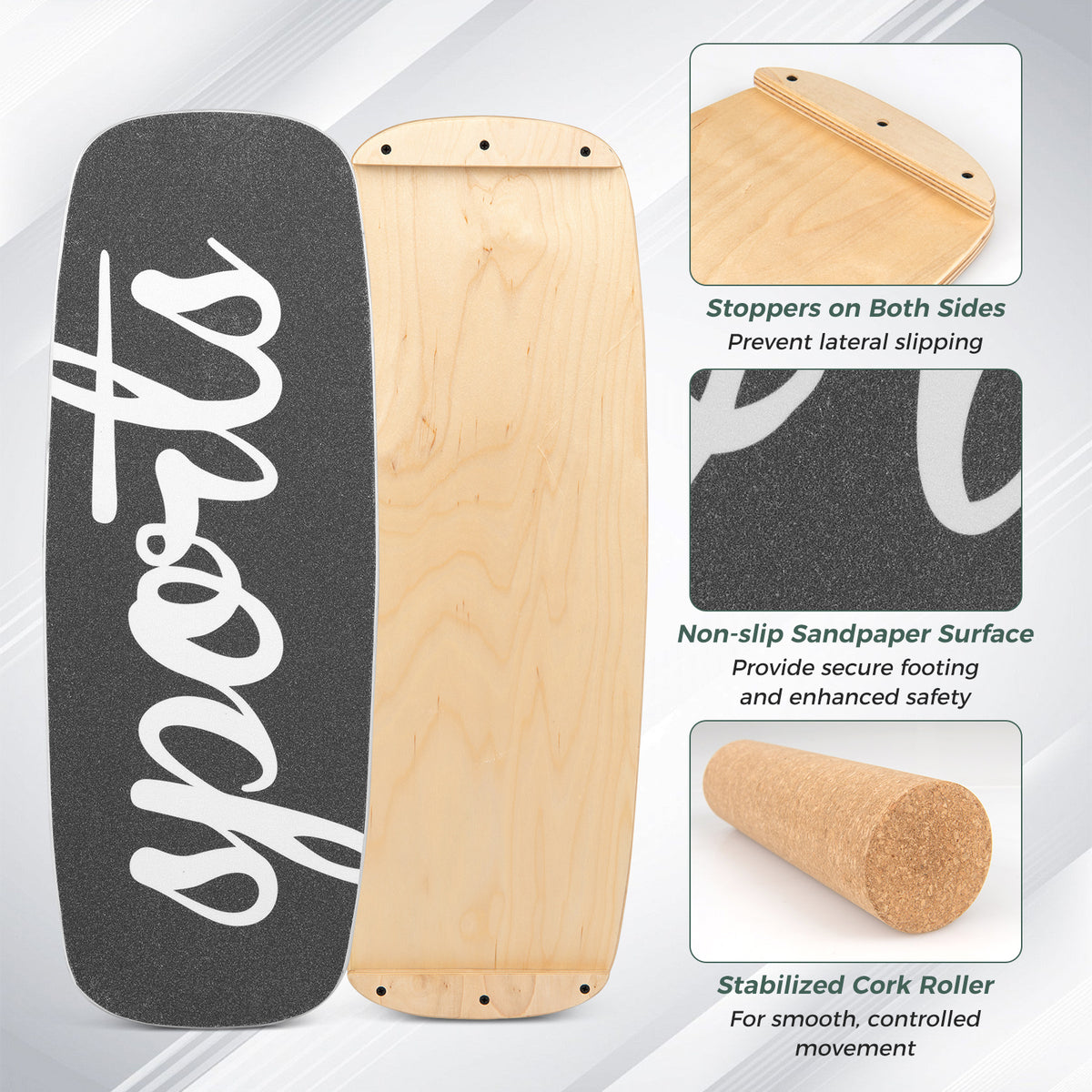 Close-up of the wooden balance board trainer showing grip and roller attachment