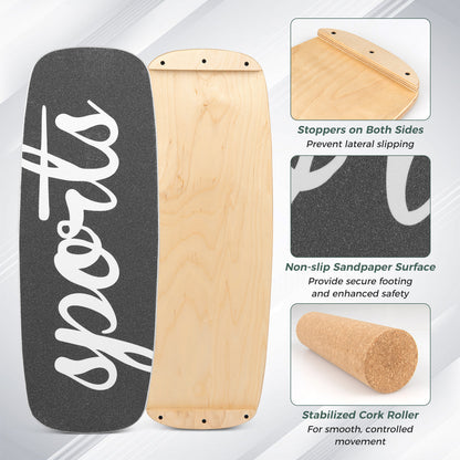 Close-up of the wooden balance board trainer showing grip and roller attachment