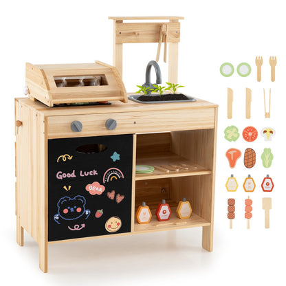 The wooden barbecue grill toy set with all its accessories laid out