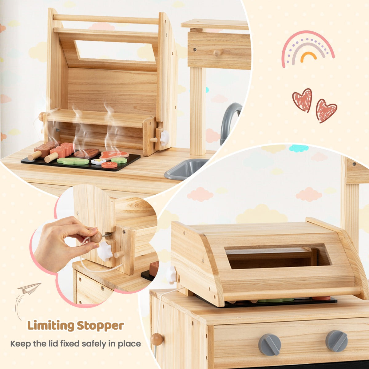 Close up of the wooden barbecue grill toy set showing details and safety features