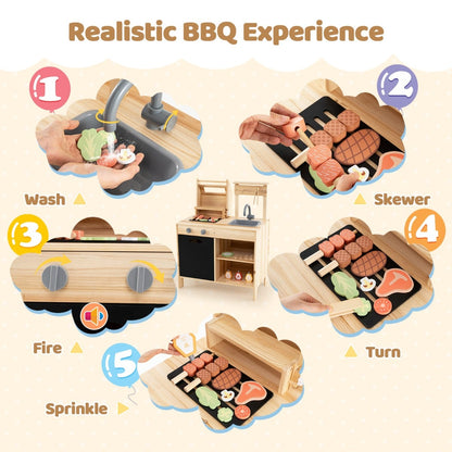 Steps showing how to use the realistic BBQ experience of the play kitchen set