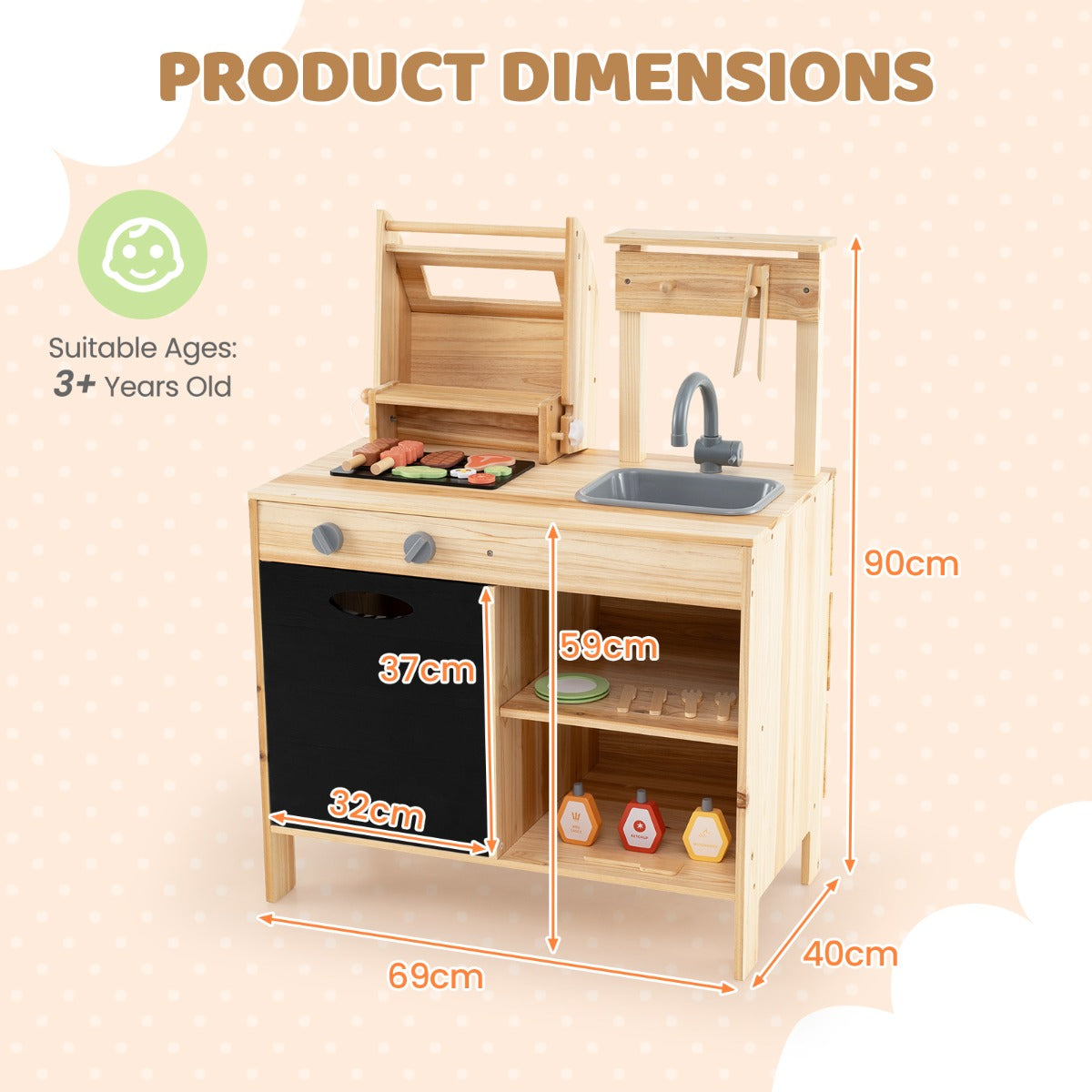 Product dimensions diagram for the wooden barbecue grill toy set
