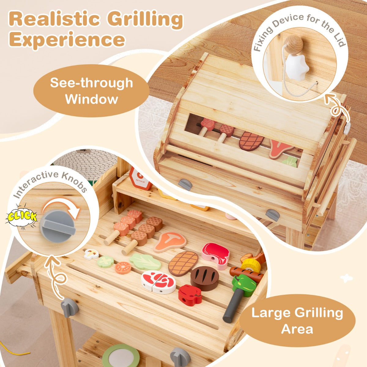 The play kitchen set highlighting the window, control knobs and lid fixing mechanism