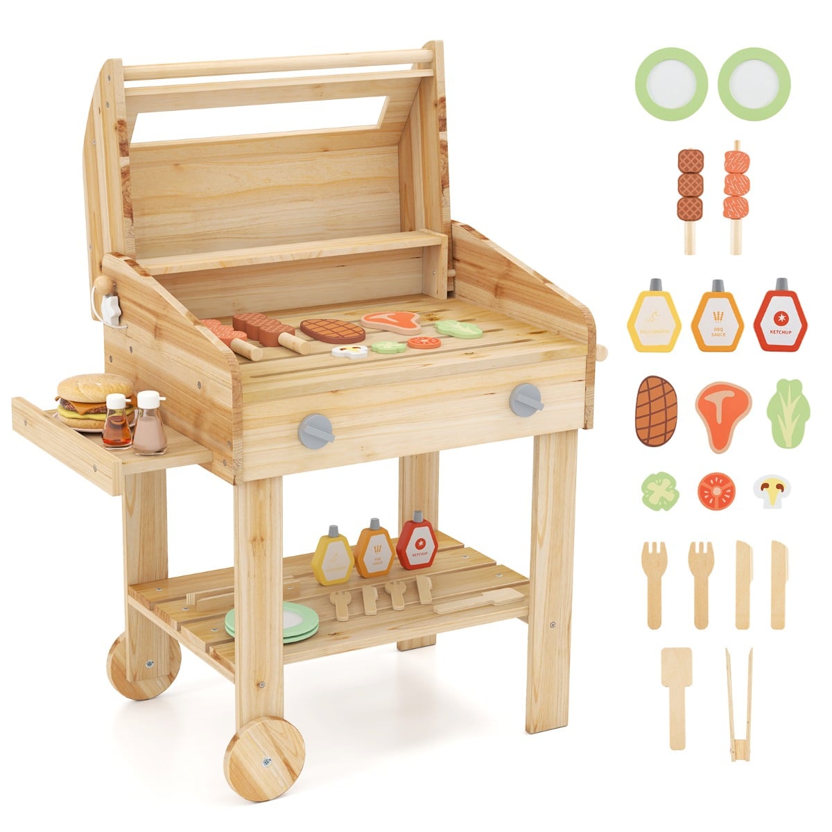 Wooden Barbecue Grill Toy Set with various play food items and grilling tools arranged beside it