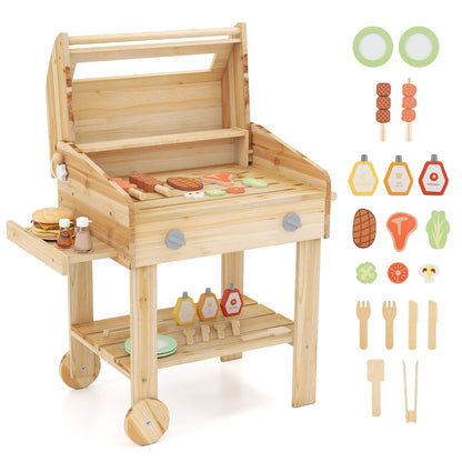 Wooden Barbecue Grill Toy Set with various play food items and grilling tools arranged beside it