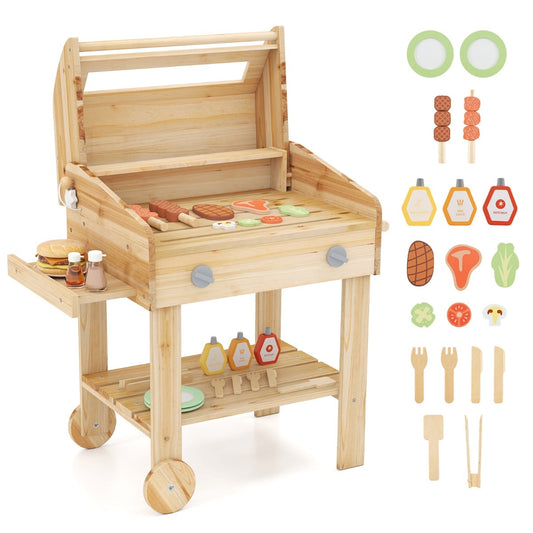 Wooden Barbecue Grill Toy Set with various play food items and grilling tools arranged beside it