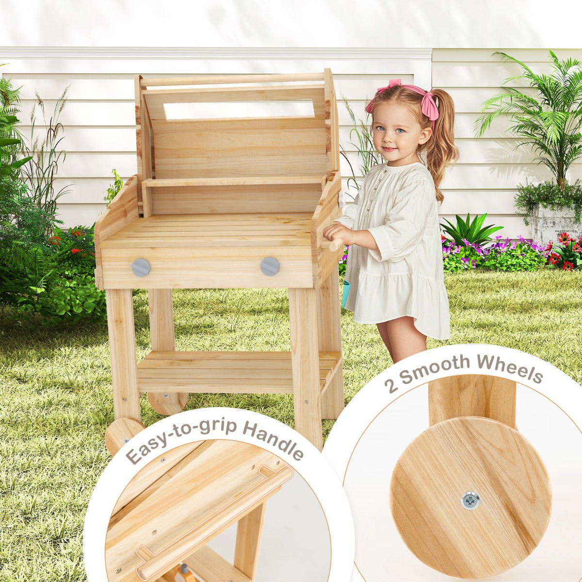 The play kitchen set being pushed by a child with close-ups of the handle and wheels