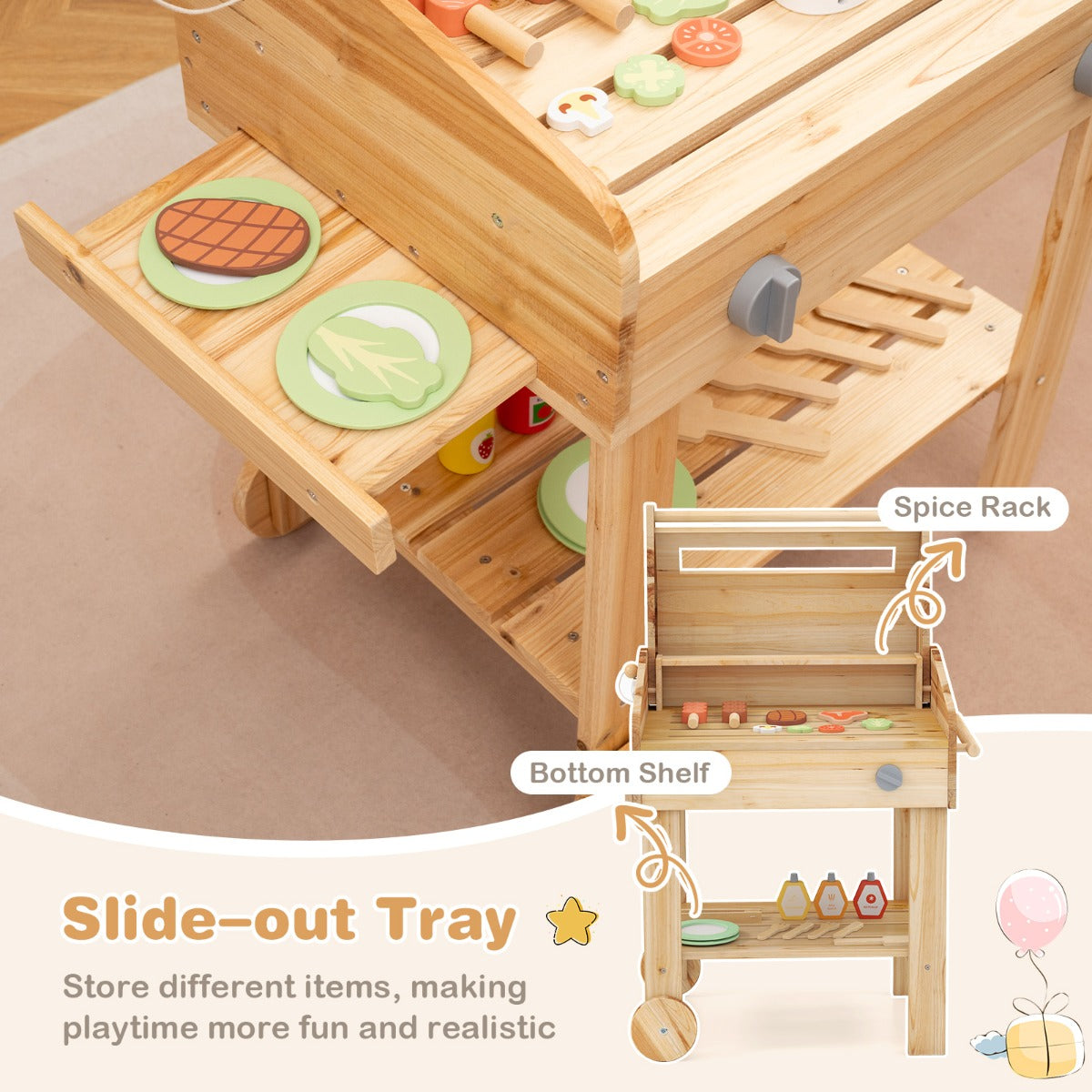The play kitchen set showing the slide-out side tray and the storage shelf underneath