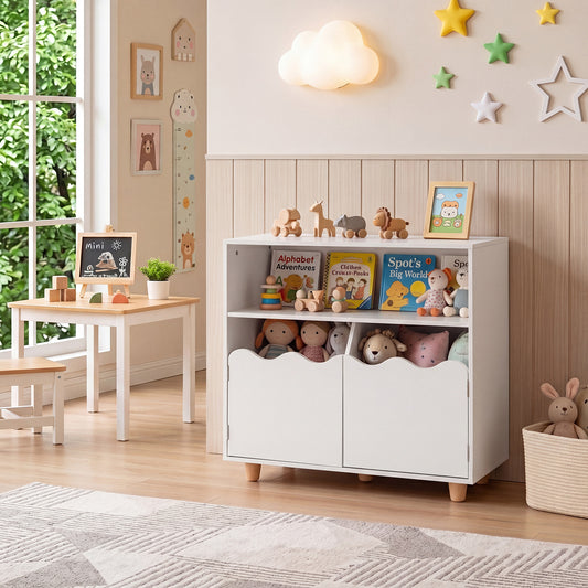 The white wooden bookshelf filled with toys and books