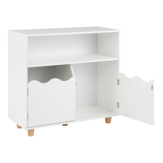 Wooden Bookshelf with two doors and open shelves, white finish and wooden legs