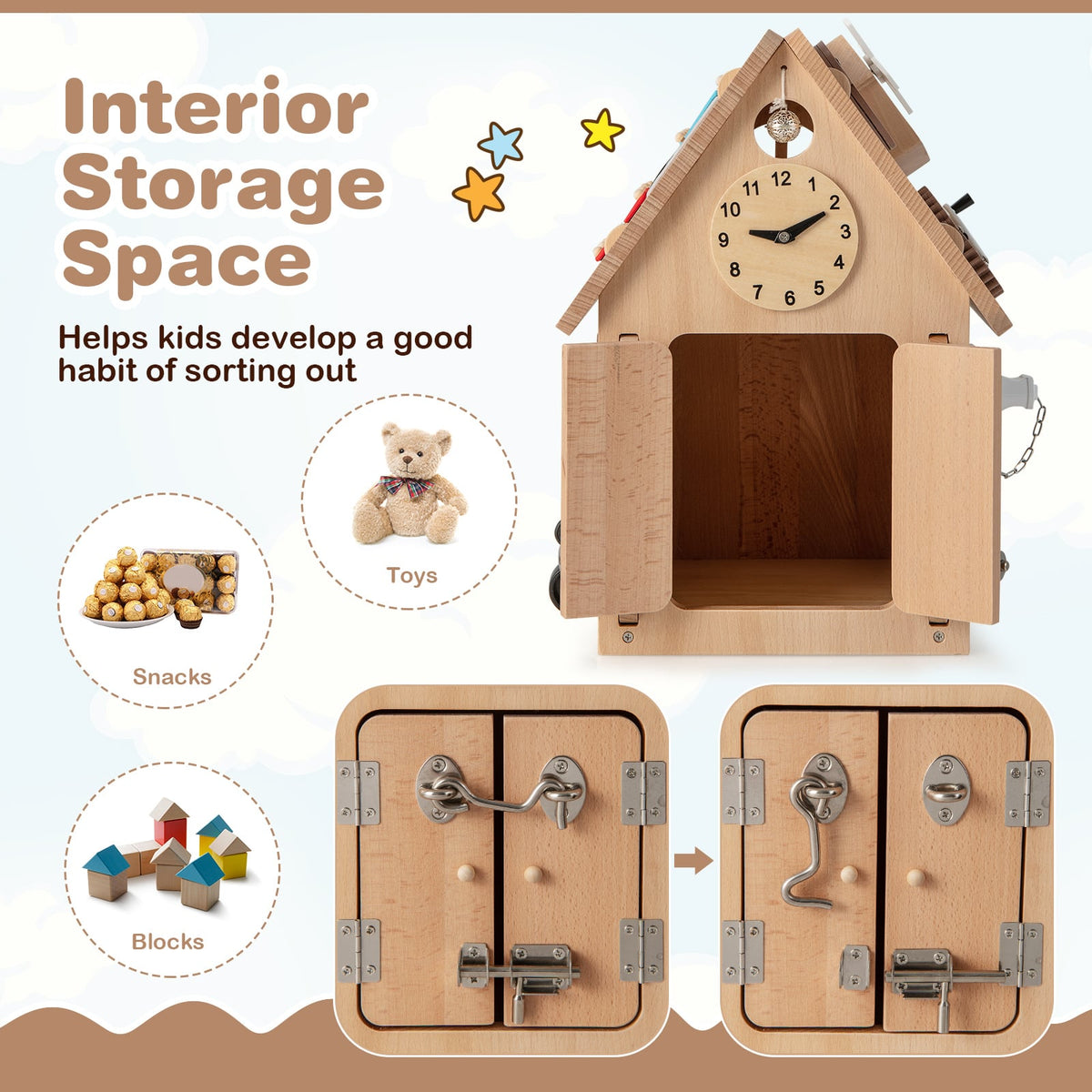 The learning toy with open doors showing the interior storage space for small items