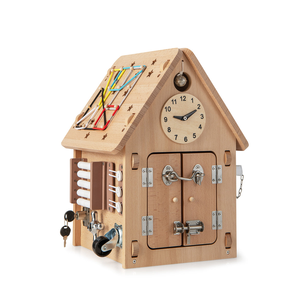 Wooden Busy House Toddler Learning Toy with Interior Space showing the front with clock and latches