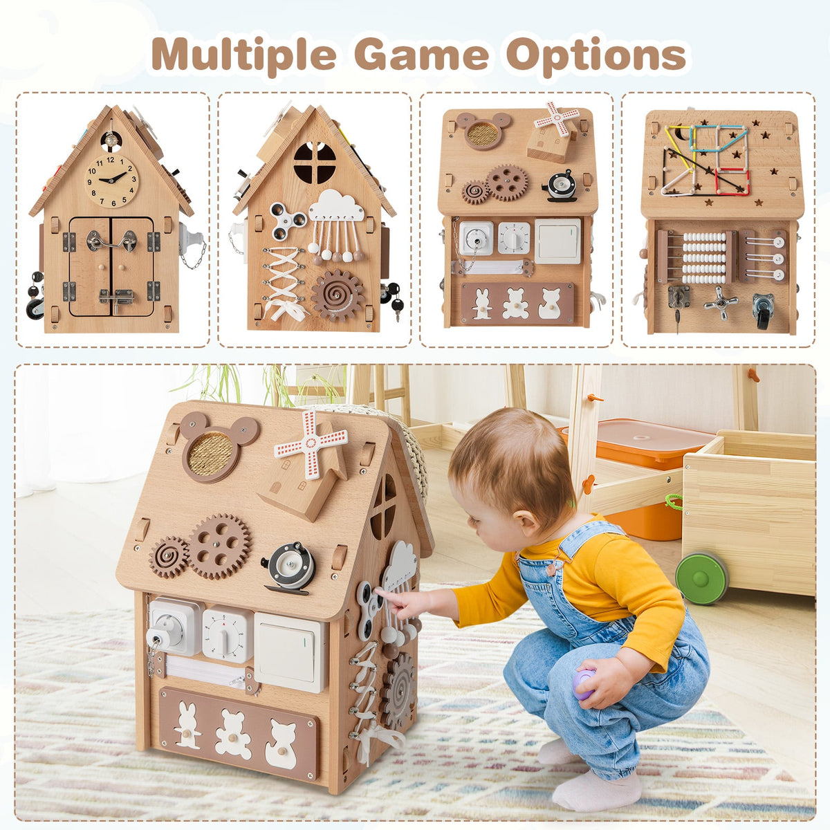 The learning toy showing multiple game options and a child playing with the side panel