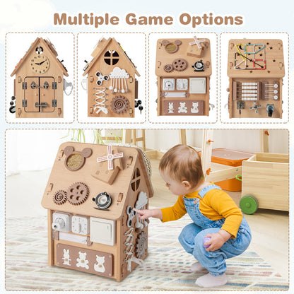 The learning toy showing multiple game options and a child playing with the side panel