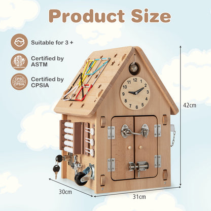 The learning toy with arrows and text indicating the height and width dimensions