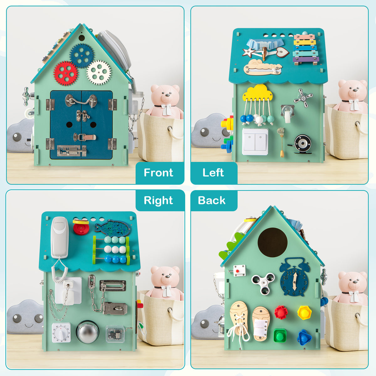 The learning toy shown from four different angles to display all the interactive sensory panels