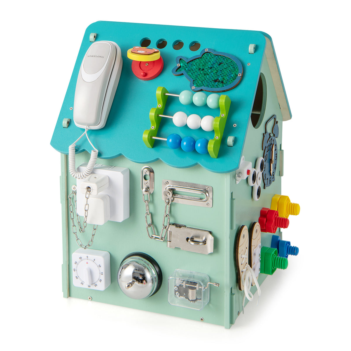 Wooden Busy House Toddler Learning Toy with Music Box showing various sensory activities on the side