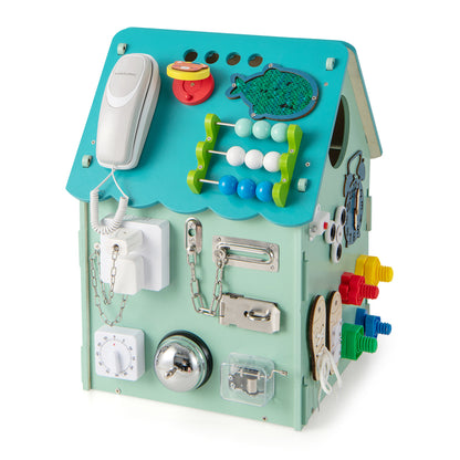 Wooden Busy House Toddler Learning Toy with Music Box showing various sensory activities on the side