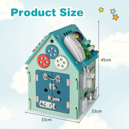 The learning toy with arrows and text indicating the height and width dimensions of the house