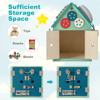 The learning toy with open doors showing the internal storage space for small toys and snacks