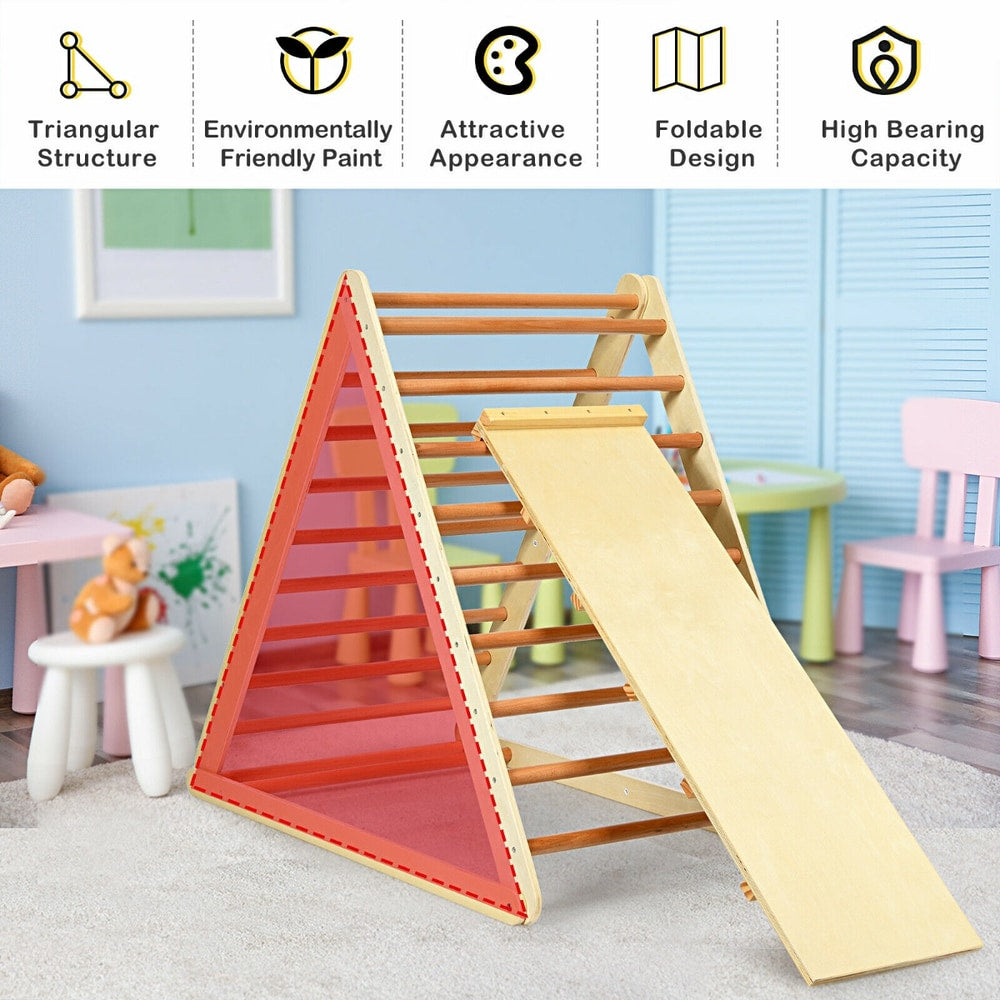 Close up of the wooden climbing frame showing its triangular structure and environmentally friendly paint