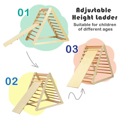 Three different height settings for the wooden climbing ladder, suitable for children of different ages