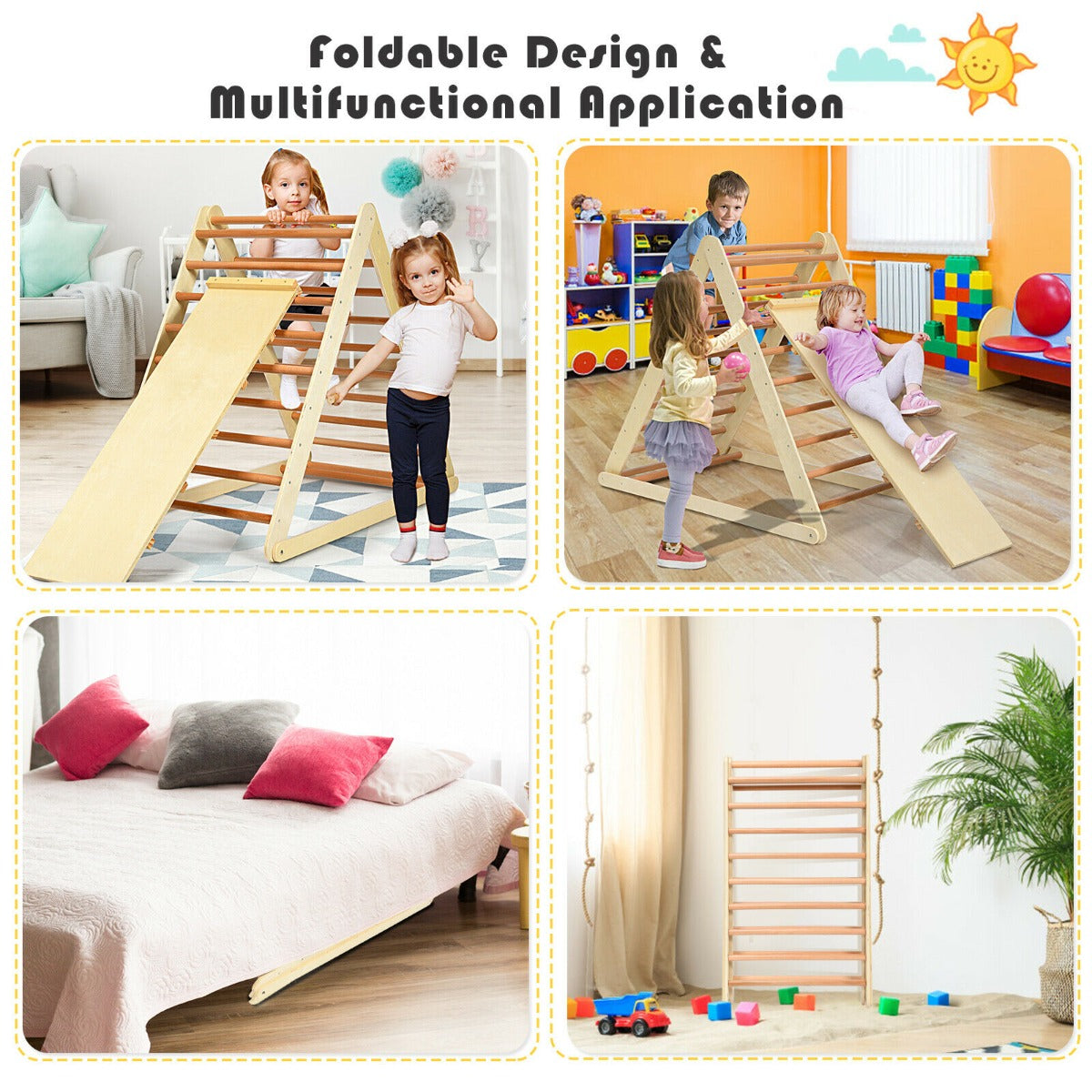 Collage showing the wooden climbing frame in a bedroom and kindergarten, with children using it