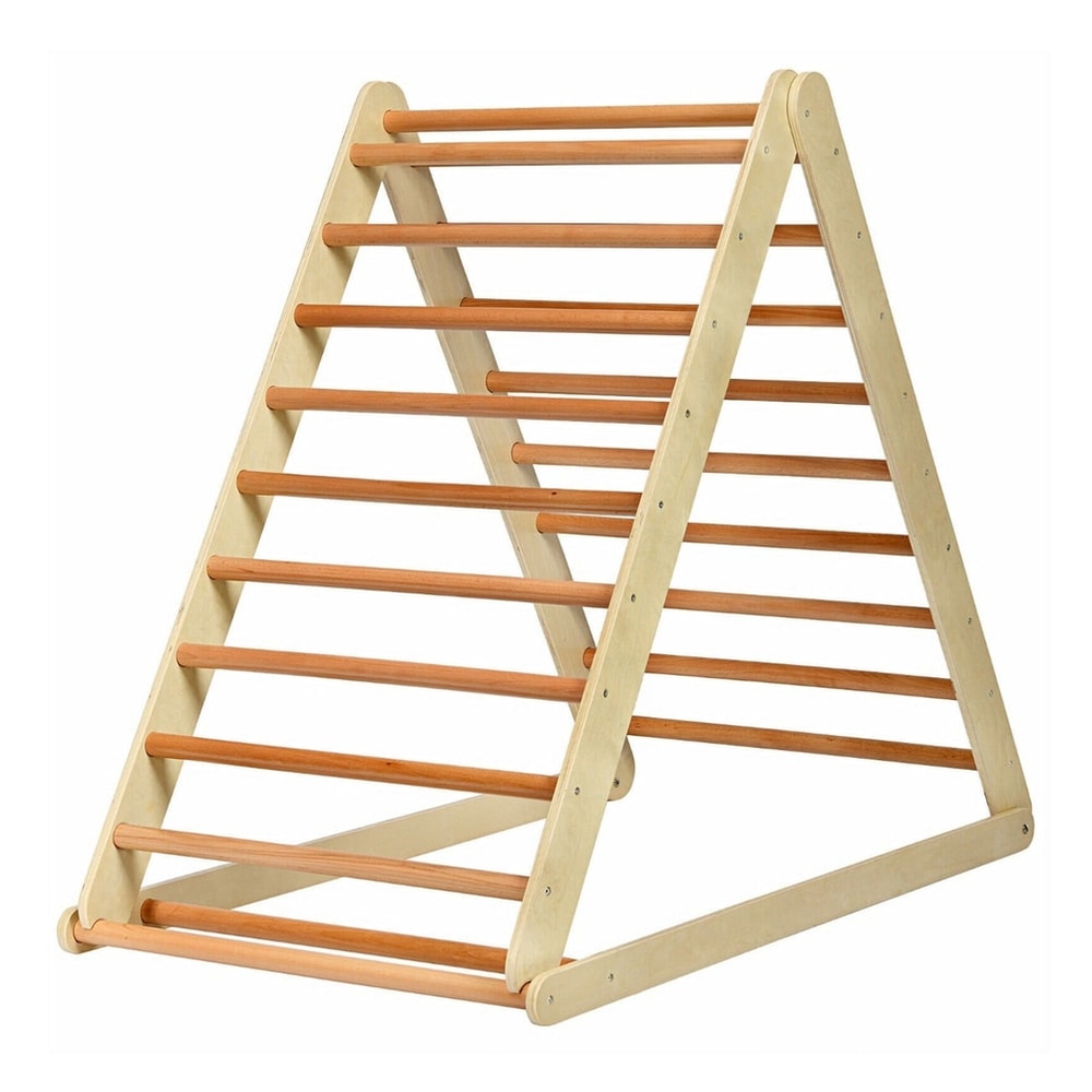 Wooden Climbing Ladder with Ramp for Kindergarten or Home, a natural wood triangular climbing frame with a slide attachment