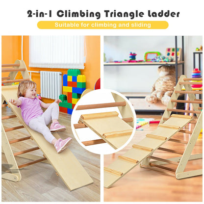 The wooden climbing triangle ladder shown in two configurations, one with the slide attached