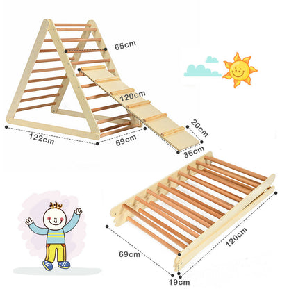Size diagram showing the dimensions of the wooden climbing ladder and ramp when assembled and folded