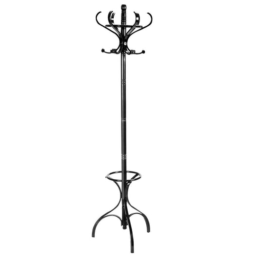 Wooden Coat and Hat Stand in black with multiple hooks and a circular base