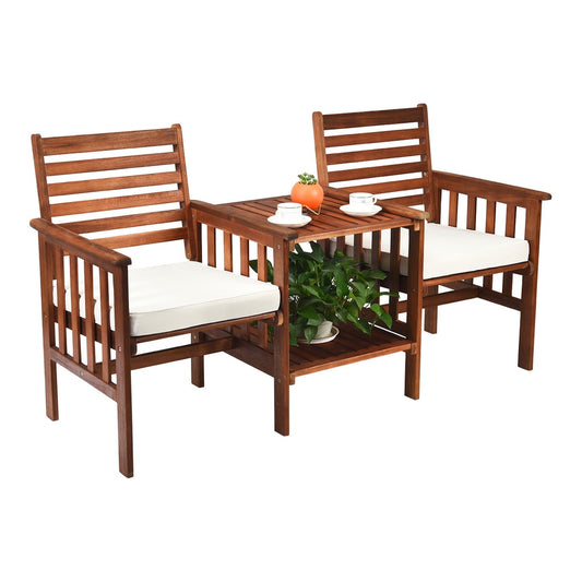 Wooden Companion Seat with white cushions and a central table on a plain white background