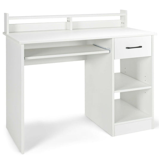 Wooden Computer Desk in white with a keyboard tray, a single drawer and open storage shelves