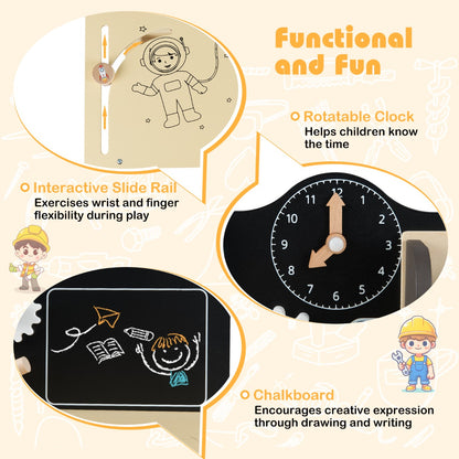 The wooden construction workshop showing functional and fun features like a clock and chalkboard