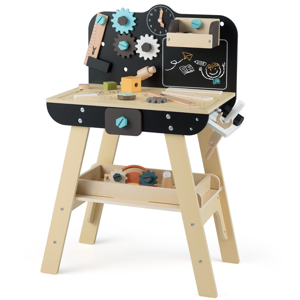 Wooden Construction Tools Workshop with Toy Tools and Accessories on a white background