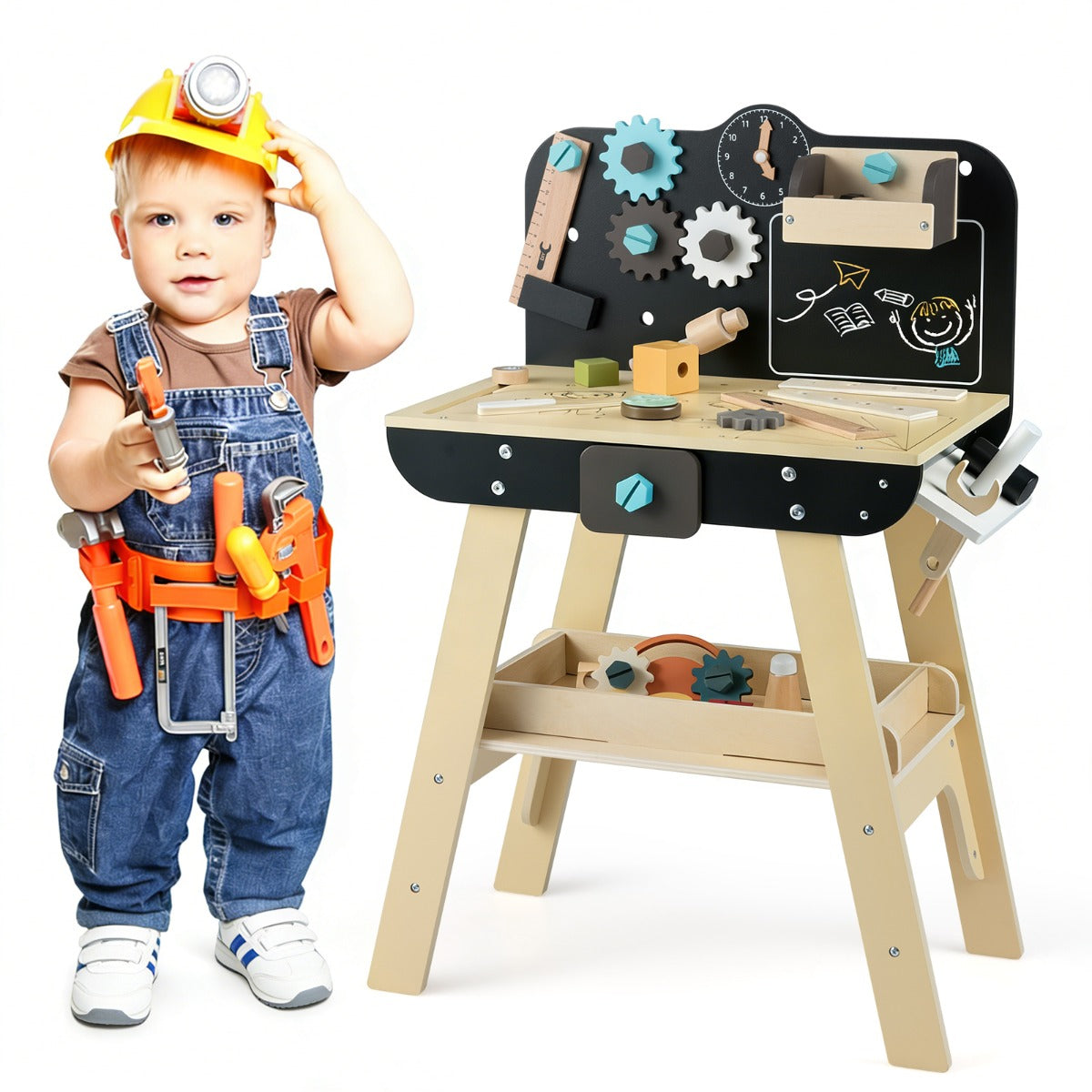 The play kitchen set next to a young boy wearing a hard hat and a tool belt