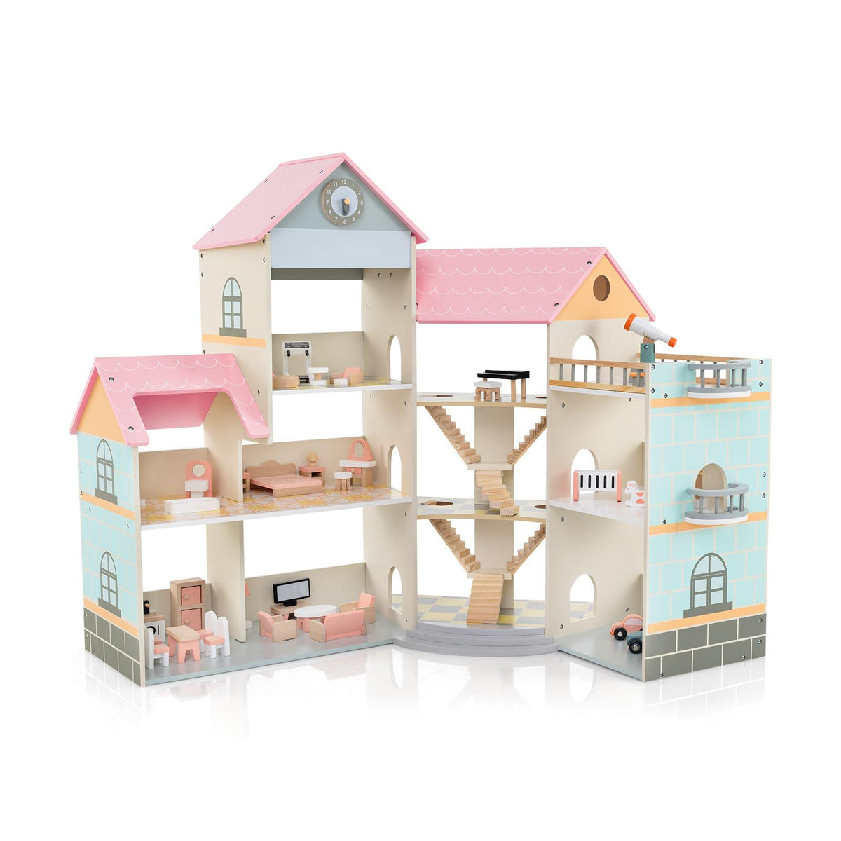 Wooden Corner Dollhouse Playset Pink Roof Doll House with multiple rooms and furniture