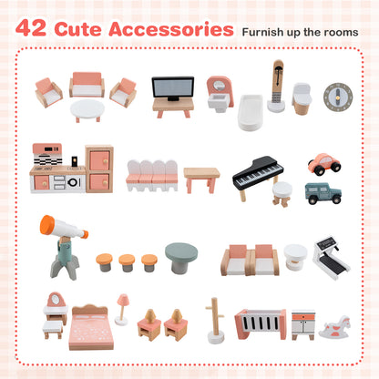The wooden dollhouse accessories including chairs tables and miniature items