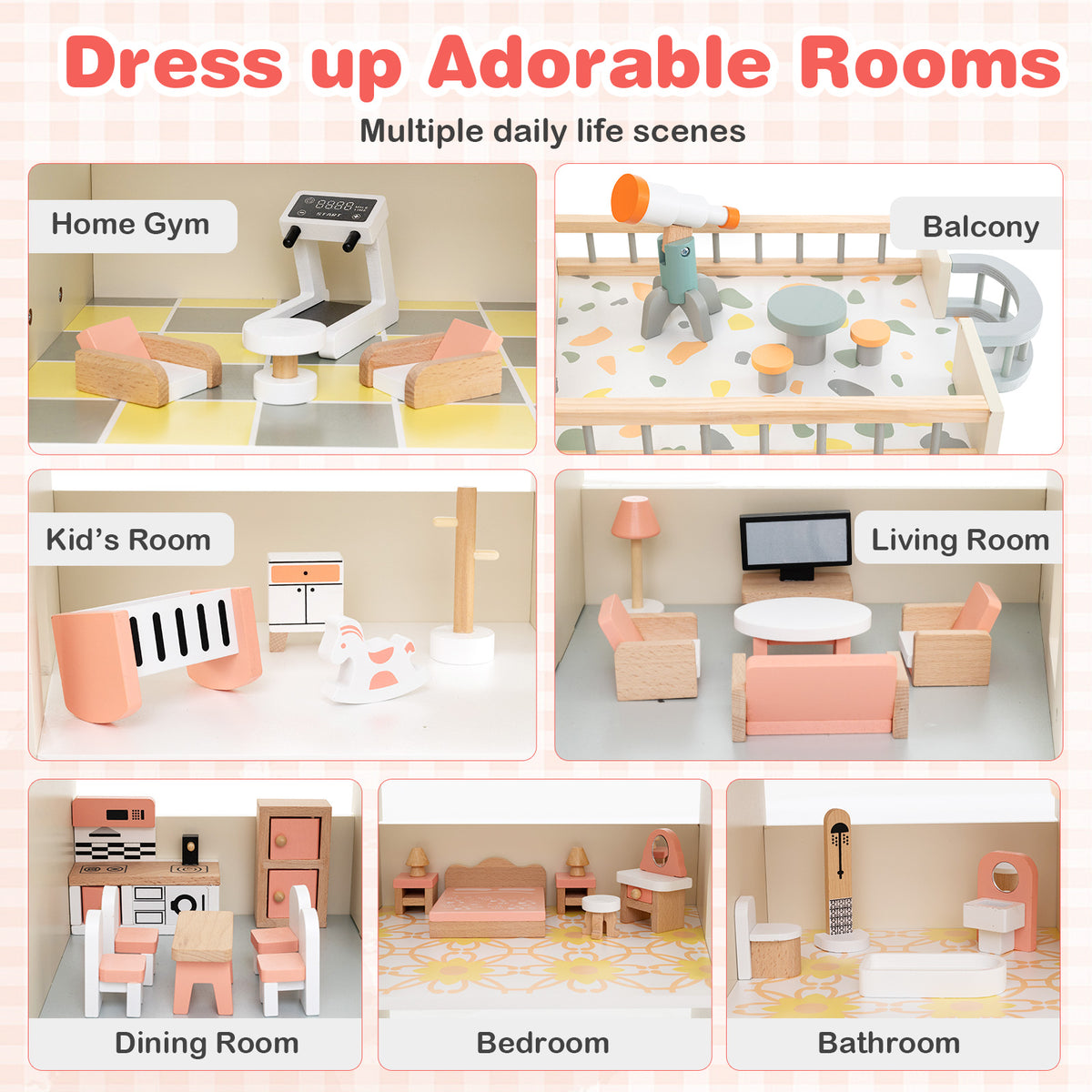 The wooden dollhouse interior rooms featuring various miniature furniture sets