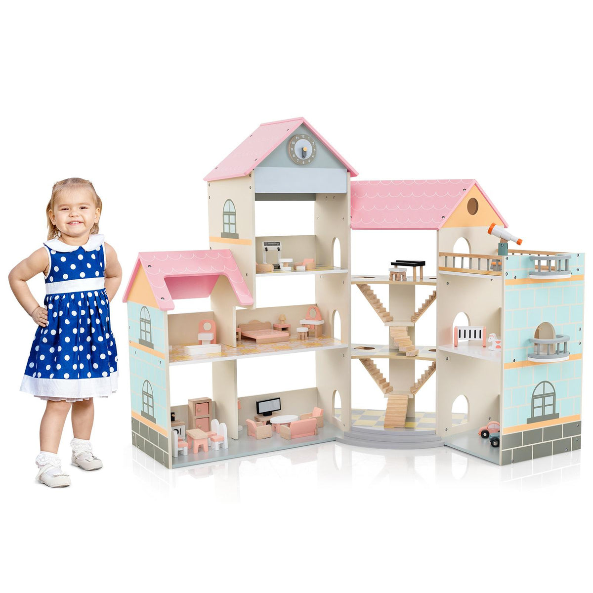 The wooden dollhouse shown with a young girl standing to the left for scale
