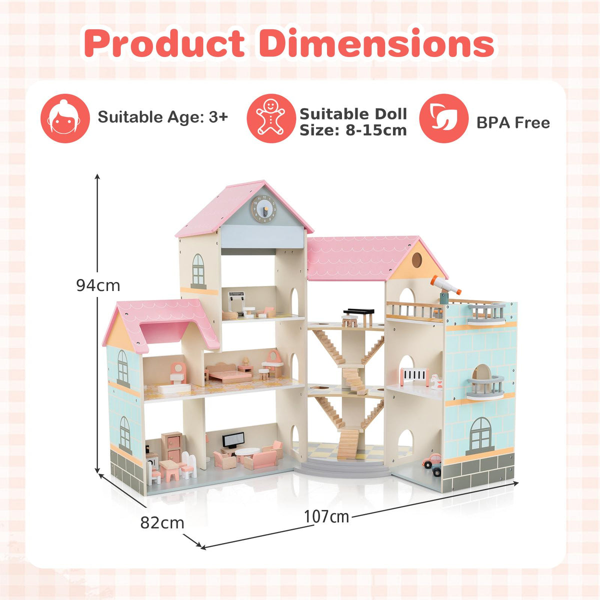 The wooden dollhouse with labels showing the height and width measurements