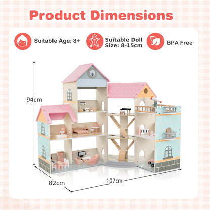 The wooden dollhouse with labels showing the height and width measurements