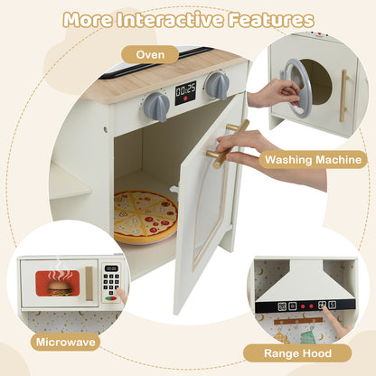 The play kitchen has an oven, washing machine, microwave and range hood