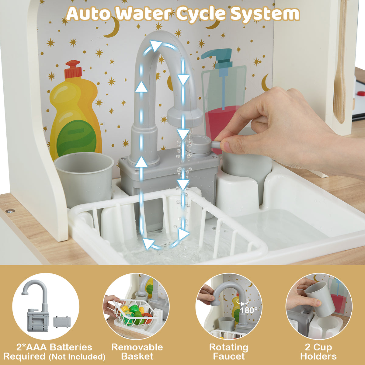 Close up of the play kitchen's auto water cycle system with a working faucet
