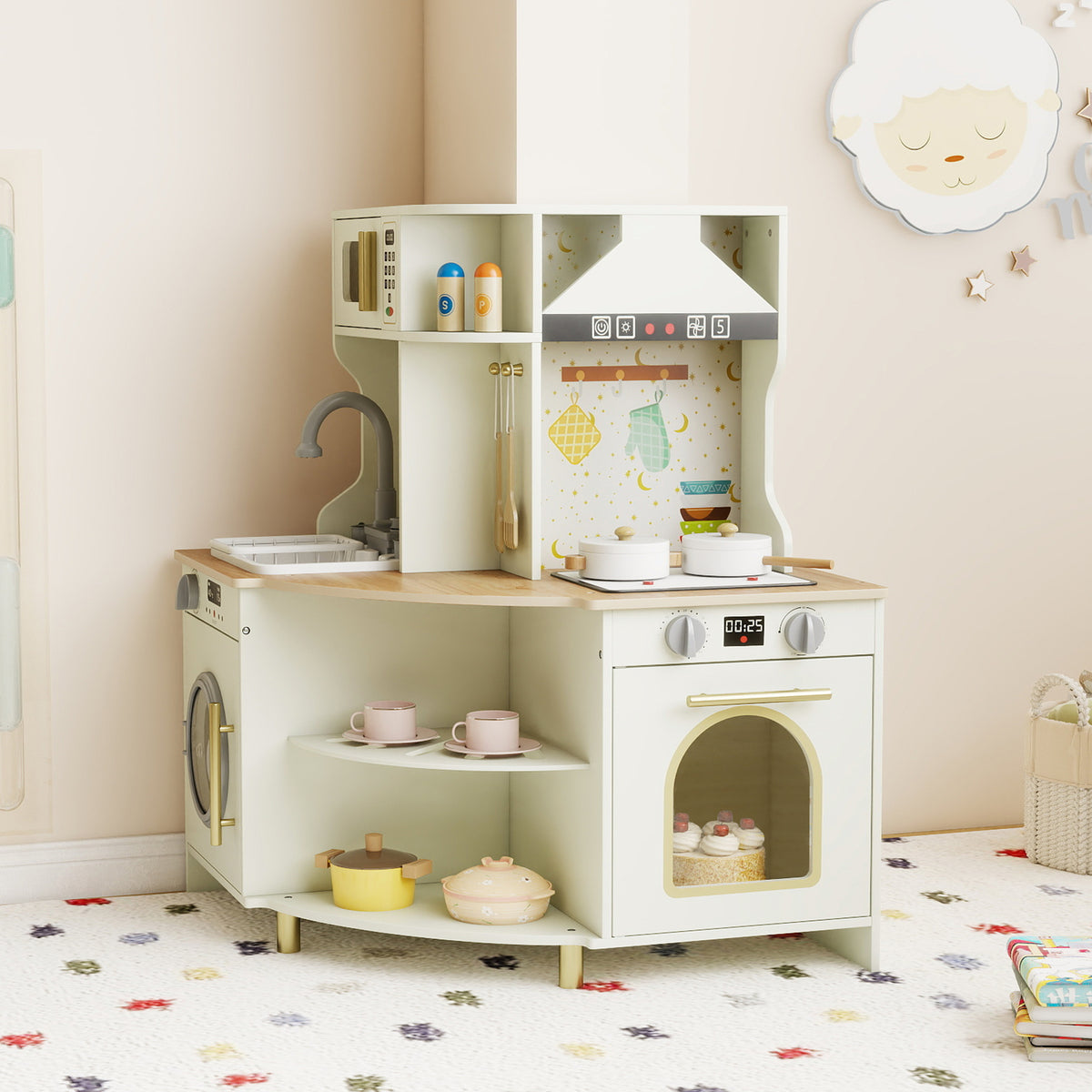 The beige play kitchen set is shown in a child's room with a sheep decoration